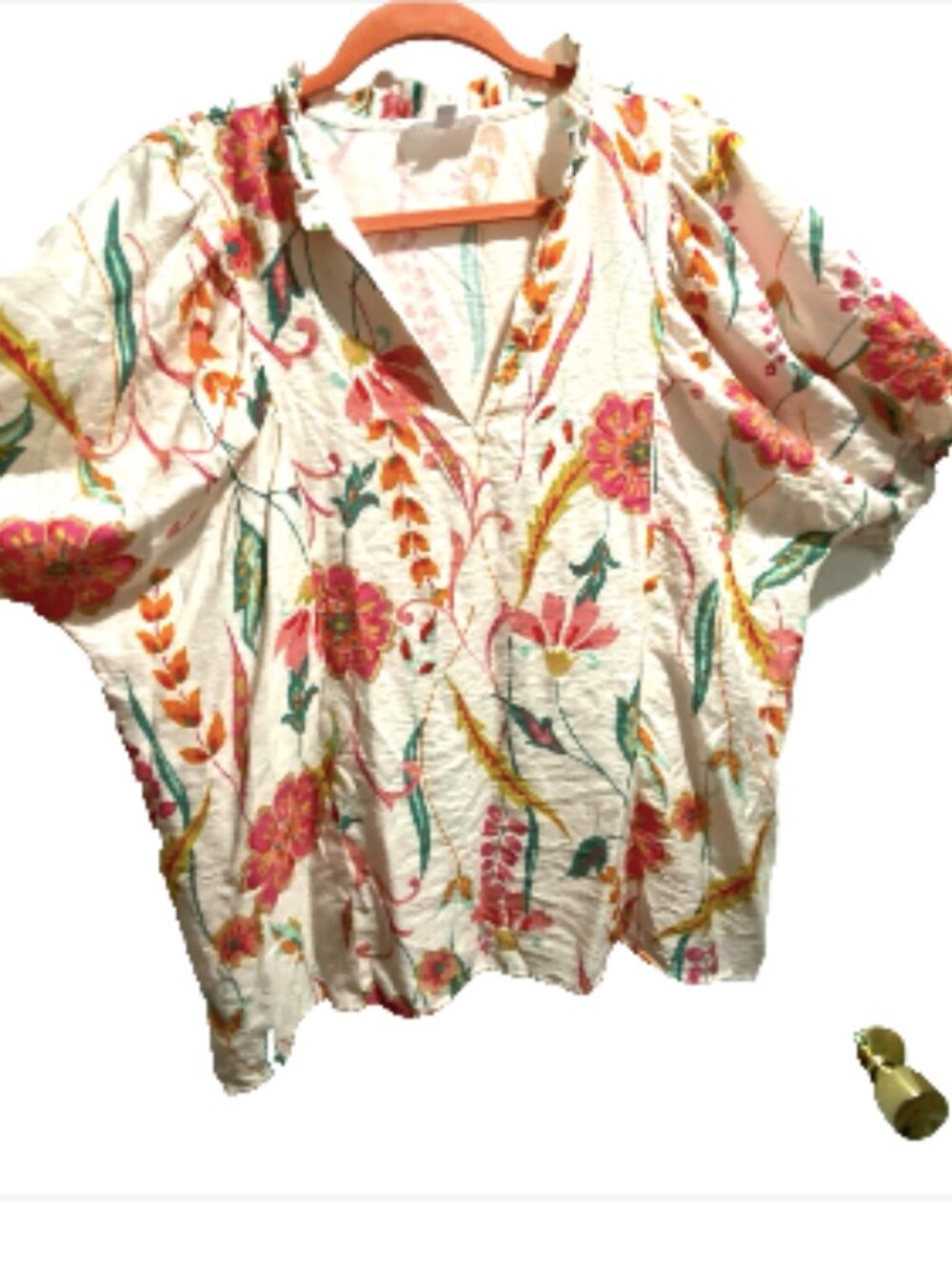 THML Zoe Floral Print V-Neck Puff Sleeve Ruffle Boho Work Pullover Blouse Top L